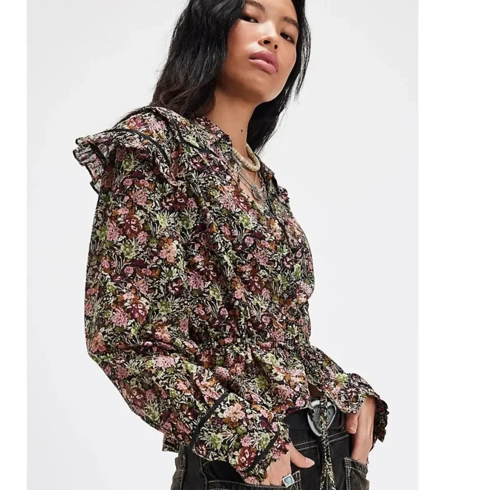 Free People Daybreak Top Womens Small Moody Floral Boho Ruffled Blouse
